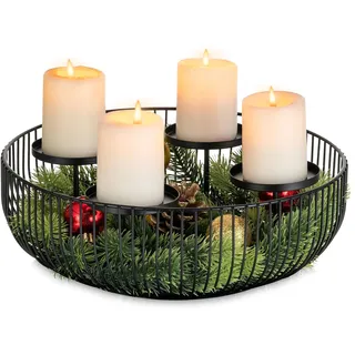 Sziqiqi Adventskranz Modern Metall Schwarz, 30cm Rund Gestell | Adventsgesteck Schale mit Kerzenhalter für 4 Stumpenkerzen, Adventskorb, Advent-Kerzenständer für Weihnachtsdeko, Tischdeko