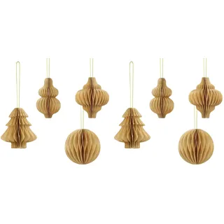 MoDiBa Weihnachtsdeko | 8 Anhänger-Set: je 2X Ornament, Baum, Glocke, Kugel | 6-7 cm | Glitzerrand | Christbaum | Recyceltes Papier FSC Zertifiziert (Naturbraun)
