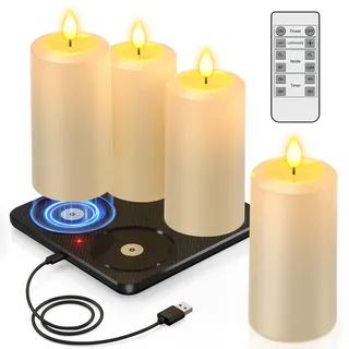 PChero 4er Set LED Kerzen Aufladbar mit Ladestation, Wiederaufladbare Outdoor Wasserdicht Kerzen Flackernd Stumpenkerzen mit Fernbedienung und Timerfunktion für Außen Garten Halloween Deko Weihnachten
