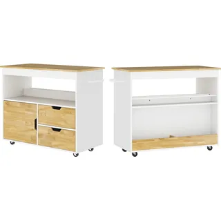 Fortuna Lai Küchenwagen Servierwagen mit Arbeitsplatte, Schubladen, Rollwagen mit Küchenschrank mit Soft-Close-Tür, Griff, Kücheninsel mit offenem Fach für Büro, 107x50x85cm, Eiche - Braun