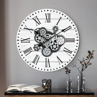 Lafocuse Weiß Wanduhr Große mit Beweglichen Zahnrädern, Industriell Steampunk XXL Wanduhr Holz, Vintage Retro Deko für Küche Wohnzimmer Bar, 57cm