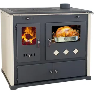 Kaminofen mit Backfach und Herdplatte Pracktik Lux Beige Holzofen 9,5 kW Kamin Ofen Dauerbrandofen Werkstattofen Schwedenofen Hüttenofen Heizofen - Beige, Schwarz