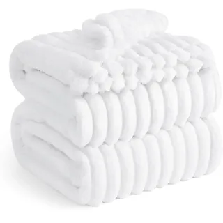 BEDSURE Kuscheldecke Flauschig - Wolldecke & Fleecedecke, Sofadecke, Weiche Warme Grobe Korddecke für Zimmer Deko, Wohn- & Kuscheldecken, Tagesdecke, Große Decke, Weiß, 230 x 270 cm