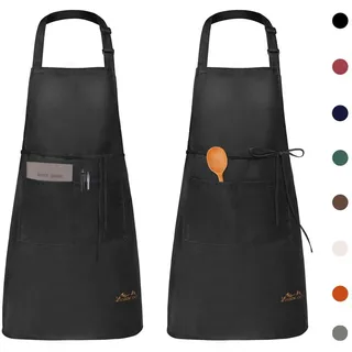 Viedouce 2 Pack Schürze, Wasserdicht Kochschürze mit Taschen, Verstellbarem Küchenschürze Grillschürze latzschürze Küchenschürze für Frauen Männer Chef-Belastbar & Einfach zu Reinigen,Schwarz