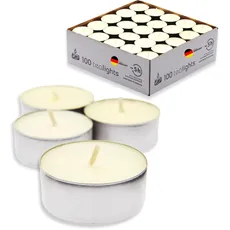 Candelo 100 Stück Made in Germany Teelichter unbeduftet, 3,8 x 1,7 cm je Teelicht, 4 + 1 Stunden Brenndauer, rußfreie Kerzen in Creme-Weiß, Teelichte in Alu Hülle