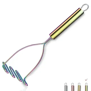 Regenbogen Kartoffelstampfer, Edelstahl-Hochleistungs-Metall-Kartoffel-Reicer mit Titan-Regenbogen-Beschichtung, Lebensmittelstampfer-Utensil, Handstampfer, Gemüse-Obst-Maische (9,6 Zoll)