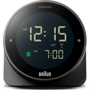 Braun digitaler Funkwecker für die mitteleuropäische Zeitzone (DCF) mit Schlummerfunktion, umgekehrtem LCD-Display, drehbarer Lünette für schnelle Zeiteinstellung, Schwarz, BC24B-DCF