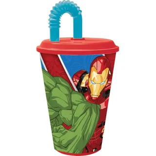 Tataway Marvel Avengers Iron Man Hulk 430 ml roter und blauer Kunststoffbecher für Kinder mit Strohhalm und flexiblem Deckel