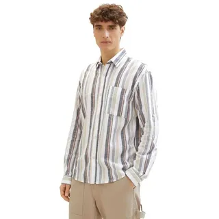 Tom Tailor Relaxed Cotton Linen Langarmhemd - Beige Green Multi Stripe - S