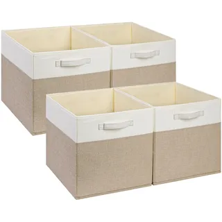 SOCOHOME Aufbewahrungsboxen,28x28x28cm Korb,Flache Stoff-Aufbewahrungskörbe für Kleiderkörbe,Truhen,Spielzeug,Regal(Helles Khaki/Weiß, 4 Pack)