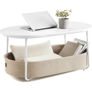 VASAGLE Couchtisch oval, Tisch mit Stauraum, Beistelltisch, Wohnzimmertisch mit Korb aus Stoff, modern, Metallrahmen, mattweiß-Kamelbraun LCT222W10