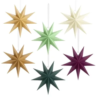 Yomisee 6 Stück Papiersterne Weihnachten, 30cm Faltstern Weihnachten, 9 Zacken Papier Stern zum Aufhängen Weihnachtsstern Deko zum Fenster Weihnachtsbaum (Multicolor)