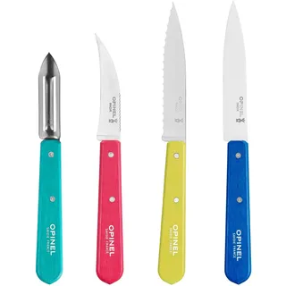 OPINEL Les Essentials Kleines Küchenmesser-Set, 4-teilig, Schälmesser, Wellenschäler, Gemüsemesser, korrosionsbeständiger Hartstahl, Edelstahl, Mehrfarbig
