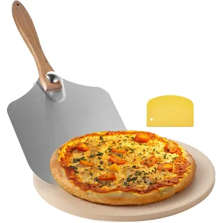 Pizzastein - Cordierit Steinplatte - 38 x 38 cm - 1,7 cm Dick - Hitzebeständig - Für Ofen & Grill - Mit Schaber & Pizzaschaufel - Quadratisch