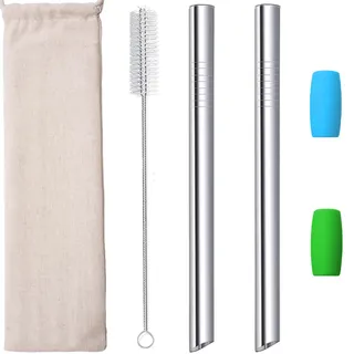 Bubble Tea Strohhalme Edelstahl Strohhalm Wiederverwendbar Boba Straw Metall Spitz Smoothie Tapioka Perle Milchshake Jumbo Blasentee Strohhalme Dicke 12mm Breit mit Silikonspitzen Bürste Silber 2pcs
