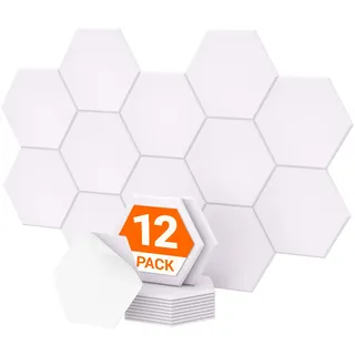 TONOR 12 Stück Hexagon Akustikplatten selbstklebend, Schallabsorber Schallschutz mit Hochdichte Wandfliesen Schall Dämmung 30x26x1cm für Studio, Büro, Akustische Behandlung und Wanddekoration Weiß