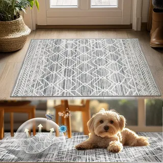 TOPICK Fußmatte Waschbar Boho Eingangsbereich Marokkanischer Niedrigfloriger Geometrischer Eingansmatte Fleckenabweisend, rutschfest Ultradünner für Küche Bauernhaus Badezimmer Tür 60x90(cm) Grau