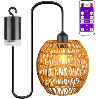 GBKDQQ Hängelampe mit Batterie & Fernbedienung: Rattan Pendelleuchte kabellos mit Timer, Vintage Hängeleuchte für Balkon, Terrasse, Schlafzimmer, Deko Deckenlampe ohne Strom, 100cm Kabel