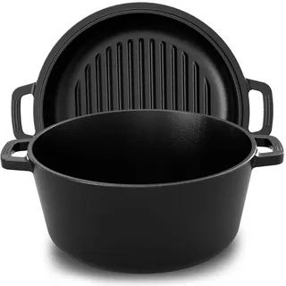KICHLY 2 in 1 Gusseisen Topf Mit Doppelter Zweck Grillpfannendeckel - Vorgewürzter Gusseiserner Dutch Oven – Brot Backen, Kochen, Braten, Schmoren & Grillen – Im Innen- Und Außenbereich