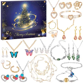 HOWAF Adventskalender Schmuck 2025 Frauen Weihnachtskalender Damen Schmuck Adventskalender 2025 Weihnachtsgeschenke für Frauen Damen Teenager Mädchen mit Armband, Halskette, Ohrring und Ringe