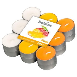 BOLSIUS Wahre Stimmungen und echte Teelichter – Mango-Duft – Mehrfarbig – 4 Stunden Packung mit 18 Stück, Wachs baumwolldocht, Pack