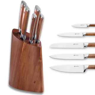 Paul Wirths ACACIA Messerblock bestückt | 5-teiliges Messerset | Brotmesser, Kochmesser, Schinkenmesser, Allzweckmesser, Spickmesser | Edelstahl rostfrei | 30 x 13.5 x 37.5 cm | Akazienholz
