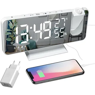 Lancoon Projektionswecker Digitaluhr mit Ladeanschluss Radio Snooze Dimmer Großbildanzeige 180° Projektor Inklusive Adapter