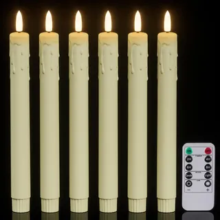 Eldnacele LED Stabkerzen mit Fernbedienung, Timer und Dimmer, 24,5 cm batteriebetriebene flammenlose Kerzen aus Kunststoff, tropfendes Wachsdesign, 6er Set elfenbeinfarbene flackernde Kerzen