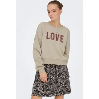 Sweater ONLY "ONLKIARA L/S O-NECK CHIFFON MIX SWT", Damen, Gr. S, string print:love, Sweatware, Obermaterial: 60% Baumwolle, 40% Polyester, bedruckt, regular fit, Rundhals, Sweatshirts Sweater