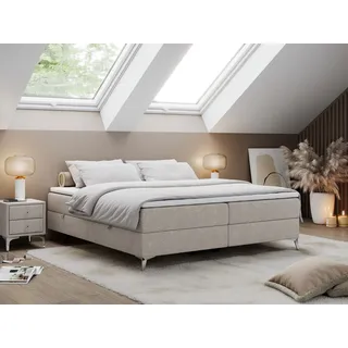 Boxspringbett ohne Kopfteil mit Bettkasten, Bett niedriges Kopfteil, Polsterbett ohne Kopfteil - LESS - 200x200cm - Beige - H4 - Beige
