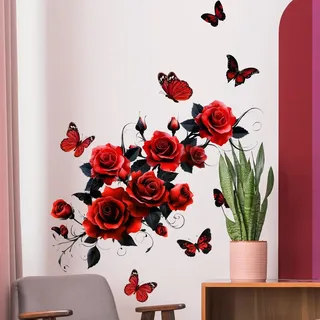 COVPAW Wandtattoo Wohnzimmer Rot Rosen Rebe Schmetterlingen Wandaufkleber Schlafzimmer Wandsticker Kinderzimmer Küche Büro Wanddekoration (Rot)