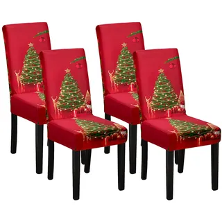 Stuhlhussen Weihnachten 4er Set, Stretch Weihnachts Stuhlhussen Schwingstühle, weihnachtsdeko Stuhlbezug, Weihnachtsstuhlhussen, Abnehmbare Waschbare Stuhlhussen Rot, Chair Cover Universal Stuhlbezüge