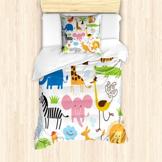 ABAKUHAUS Tier Mantele, Safari Giraffe Elefant, Milbensicher Allergiker geeignet mit Kissenbezügen, 135 cm x 200 cm - 80 x 80 cm, Mehrfarbig