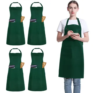 4 Packs Kochschürzen, Unisex verstellbare Schürzen mit 2 Taschen, personalisierte Schürzen für Männer Frauen, professionelle Schürze für Kochen, Gartenarbeit, Küche, Restaurant, Kaffeehaus (Grün)