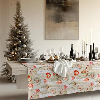 KP HOME Wachstuchtischdecke Weihnachten PVC Tischdecke Kunststoff mit Muster Rustikale Abwischbar Wasserabweisende Wachstuch 140x250 cm Wachstischdecke Vinyl Tischdecke Wachstuchtischdecke Beige