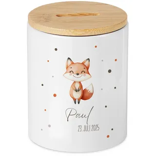 Personalisierte Spardose Fuchs, Kinder Sparschwein mit Wunschname, individuelles Geldgeschenk Junge Mädchen, Geldkasse Wunscherfüller Geburt Taufe