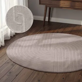 vikosa Wollteppich "Arcura" rund 15 mm Höhe Wolle Handgemacht, Hoch-Tief-Effekt, Geometrisches Linien Wellendesign, hellgrau