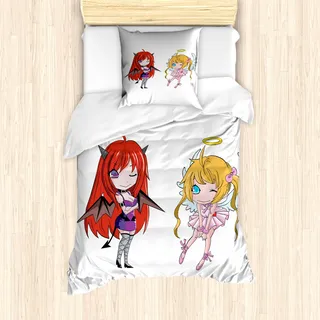 ABAKUHAUS Anime Mantele, Japanische Märchen-Kunst, Milbensicher Allergiker geeignet mit Kissenbezügen, 135 cm x 200 cm - 80 x 80 cm, Weiß - Weiß