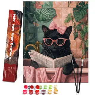 Bougimal Malen Nach Zahlen Erwachsene Tiere Ohen Rahmen inklusive Pinsel und Acrylfarben - 40 x 50 cm, Lesende Katze 1