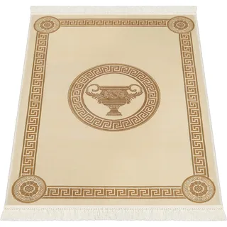 Premium Kurzflor Teppich Kurzflorteppich Wohnzimmerteppich 160x230 Mäander Amphore Muster in creme beige gold - Kurzflor mit Fransen rutschfest Seidenoptik 100% Viskose öko tex - beige, 160x230 cm