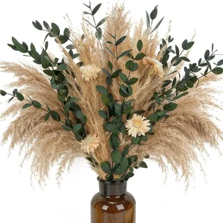 Fairblo Pampasgras Deko Getrocknete Blumen zum Basteln Trockenblumen Pampasstrauß mit Eukalyptus Trockenblumenstrauß für Hochzeits Heimdekorationen Vase (A)