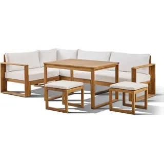 Modulare Eckgartenmöbel - Akazienholz - 6 Personen - LEVATA DINING - Cremeweiß + Bezug - Weiß
