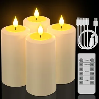 PChero LED Kerzen Aufladbar 4er Set mit Fernbedienung, Wasserdicht Elektrische Kerzen Flackernd mit Timerfunktion für Innen und Außen Zimmer Halloween Garten Deko Weihnachten Outdoor (7cm x 13cm)