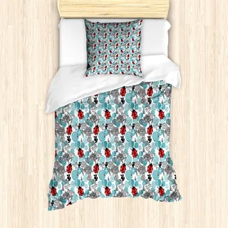 ABAKUHAUS Marienkäfer Mantele, Romantische Rosen Blumen, Milbensicher Allergiker geeignet mit Kissenbezügen, 135 cm x 200 cm - 80 x 80 cm, Blassblau Rot Schwarz
