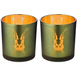 EDZARD 2er-Set Windlicht Teelichtglas Hase, außen grün/innen Gold, Hasen-Design, Höhe 8 cm, ø 7 cm