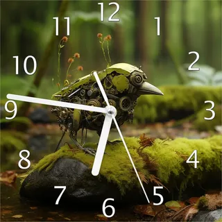 Wallario Design Wanduhr Mechanischer Waldvogel aus Echtglas, Größe 20 x 20 cm - Grün