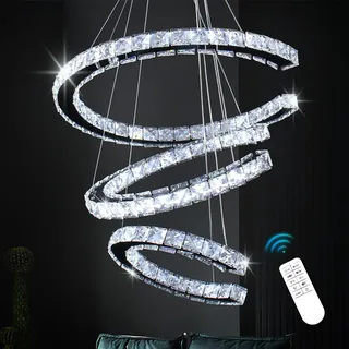 Finktonglan Moderne Kronleuchter, dimmbar, 3 Ringe aus Glas mit Fernbedienung, lineare Form des LED-Anhängers, verstellbare Form, Insellicht für Wohnzimmer, Esszimmer, Küche