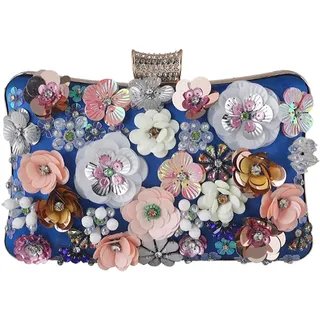 CORIOS Damen Blumen Abendtasche Shiny Strass Clutch Tasche Hochzeit Bag Kette Handtasche Elegante Schultertasche Perle Umhängetasche für Hochzeit Abschlussball Bankett-Party Blau