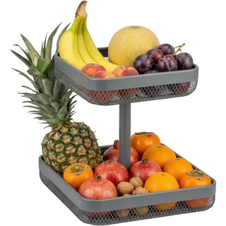 eluno 2-stöckige eckige Obstetagere/Brotkorb, Etagere, Obstschale, Obstkorb aus Metall, viel Platz für die übersichtliche Lagerung von Obst, Gemüse, Brot und Snacks in Küche und Wohnzimmer (Grau)