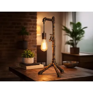 Große Tischlampe AMARCORD in Industrial Wasserrohr Optik, Rost - Bunt